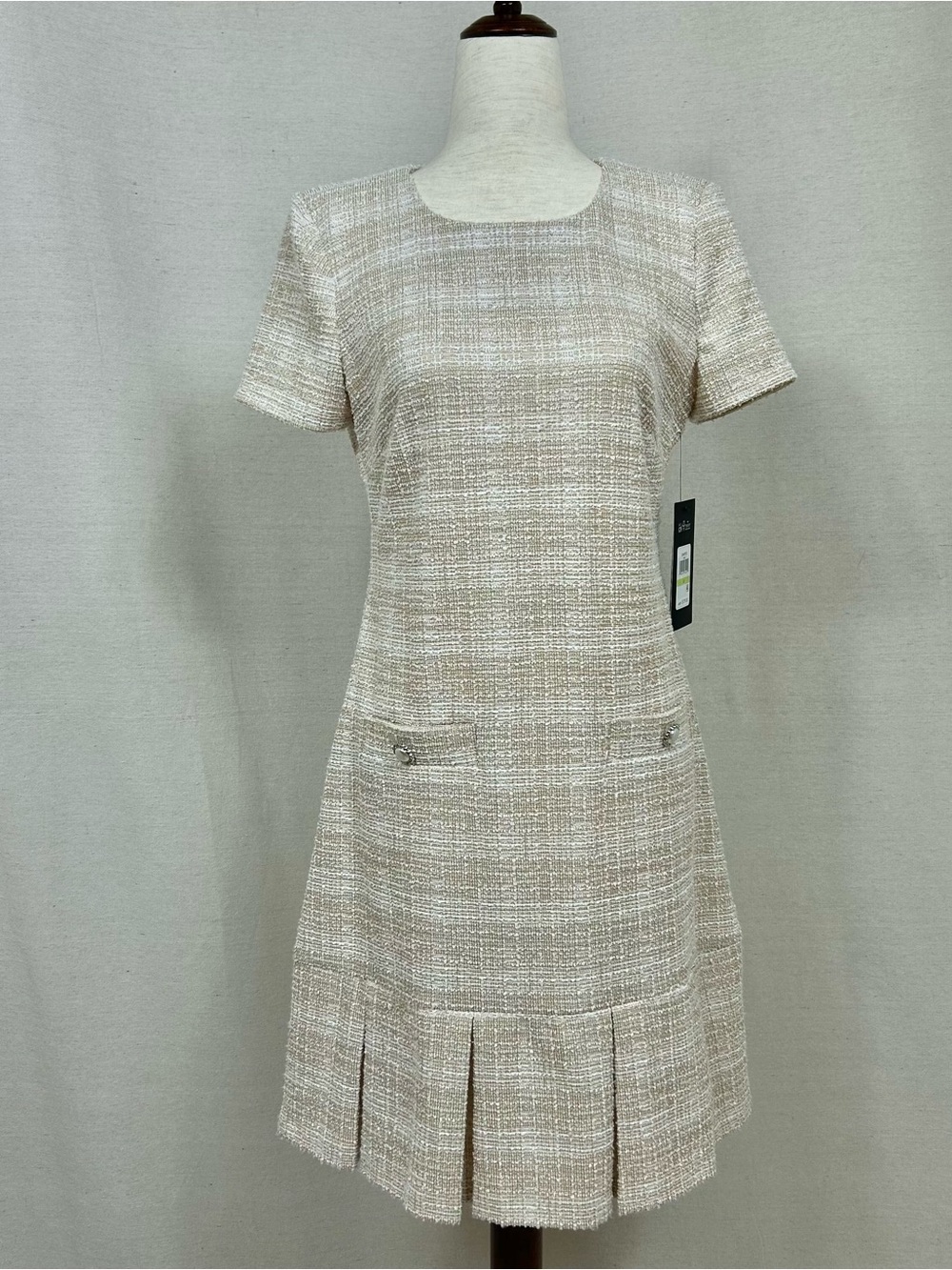 Karl Lagerfeld Womens Beige Tweed Short-Sleeve Pleated Hem Dress